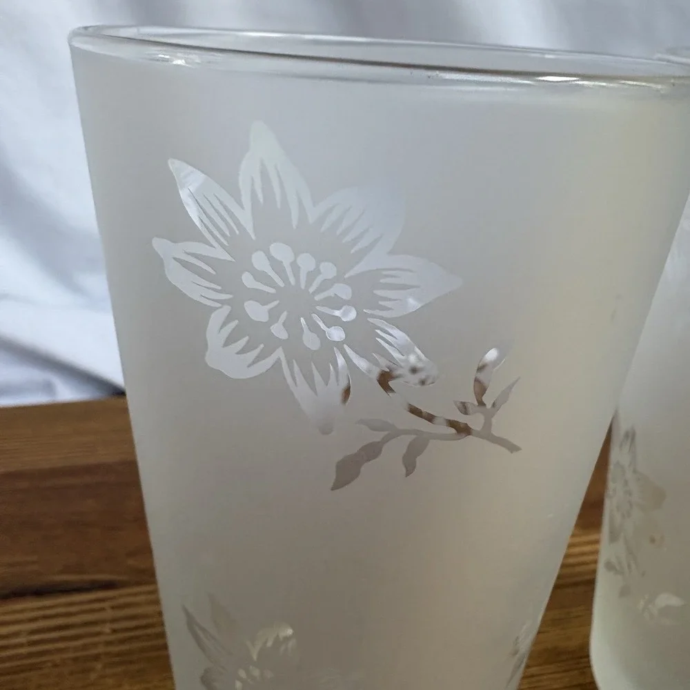 Set of 2 Frosted Floral Drinking Glasses Etched Flower Tumblers Vintage Style